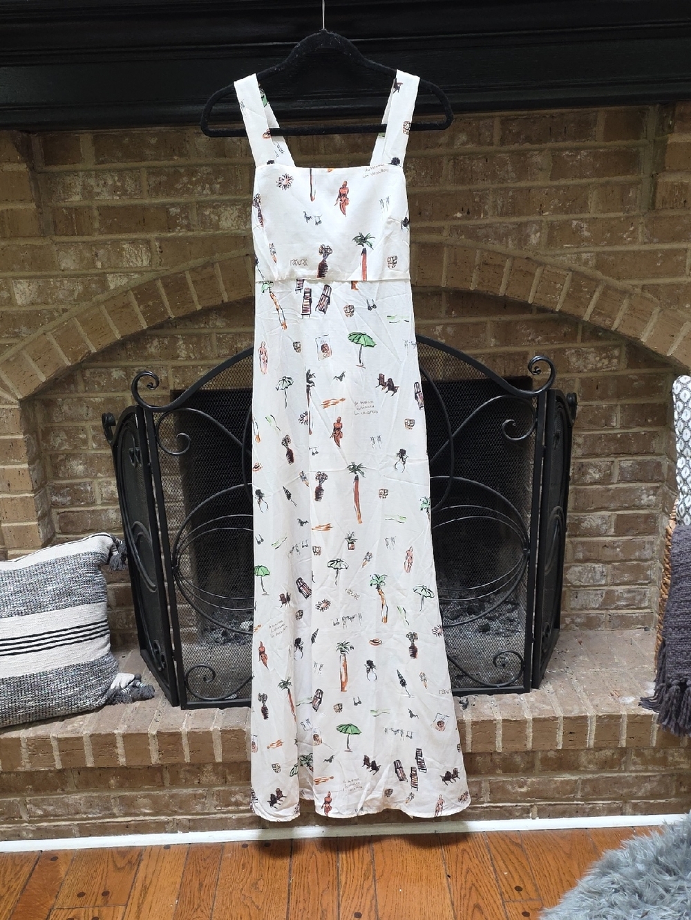 NWT Commense Cream Sundress with Brown and Green Tropical Motifs